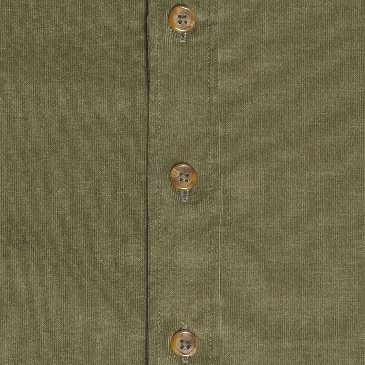 Close-up of an olive green textured fabric garment with a vertical button placket showing three brown buttons. Color: Turtle Corduroy