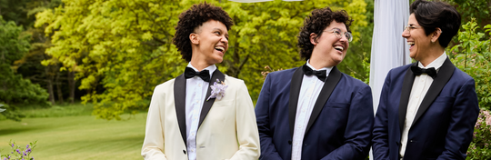 The folks in the Kirrin Tuxedo by Kirrin Finch in a park wedding