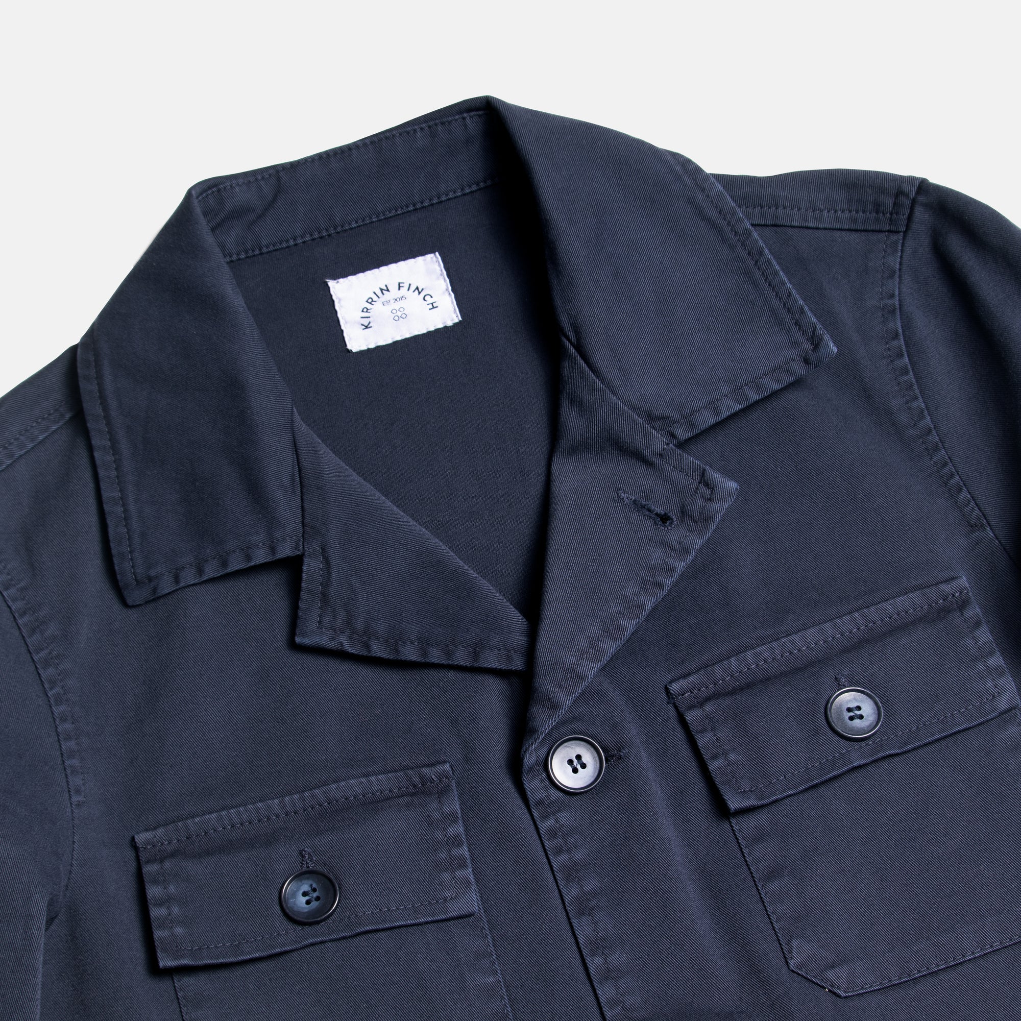Navy utility jacket close-up on color and coordinating navy faux horn buttons