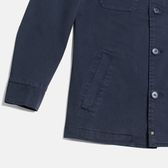 Distressed details on navy utility jacket