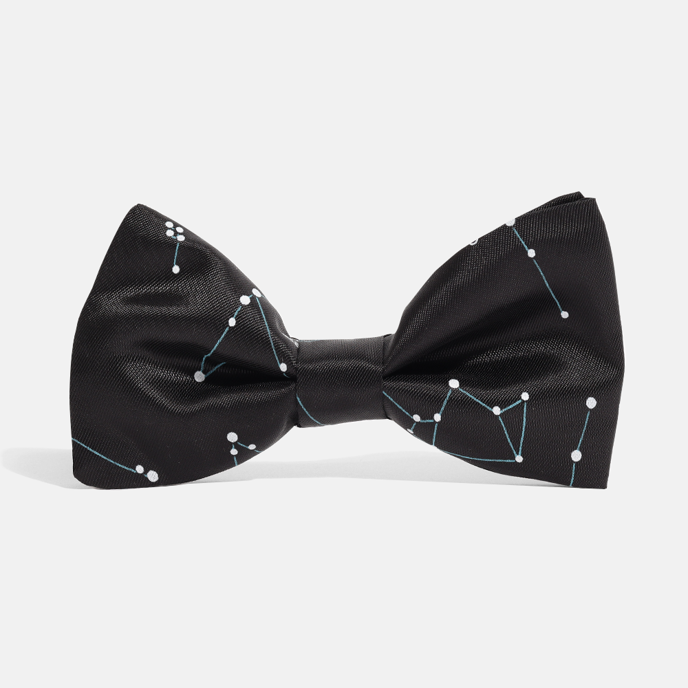 Black constellation bow tie on neutral background. Pairs well with Georgie Black suits for formal occasions