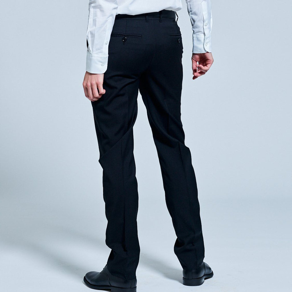 Black view of georgie black dress pants, showing off matching black button closure back pocket. Color: Black