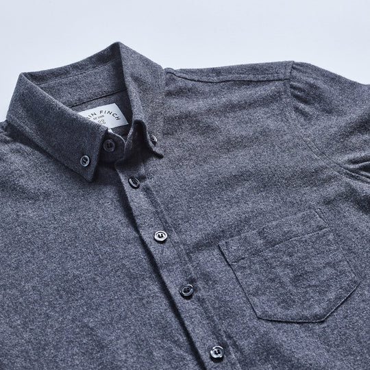 Button down collar and black buttons on charcoal flannel by Kirrin Finch
