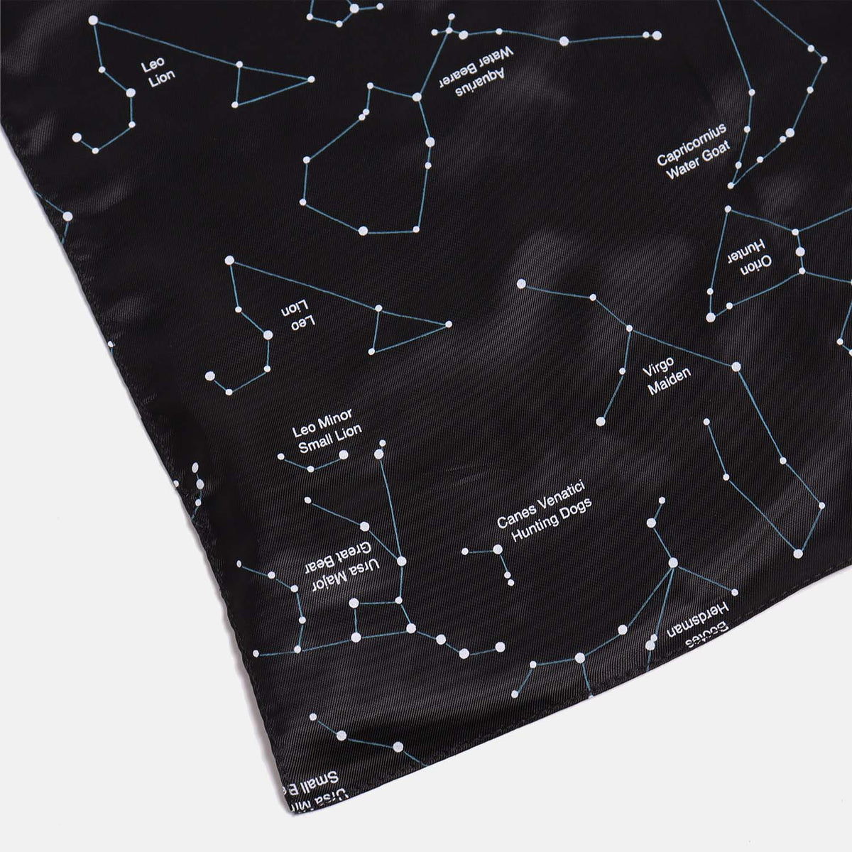 Black constellation pocket square details showing constellations of Leo, Ursa Major, Virgo, and more. Pocket square. Color: Black Constellation