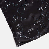 Black constellation pocket square details showing constellations of Leo, Ursa Major, Virgo, and more. Pocket square. Color: Black Constellation