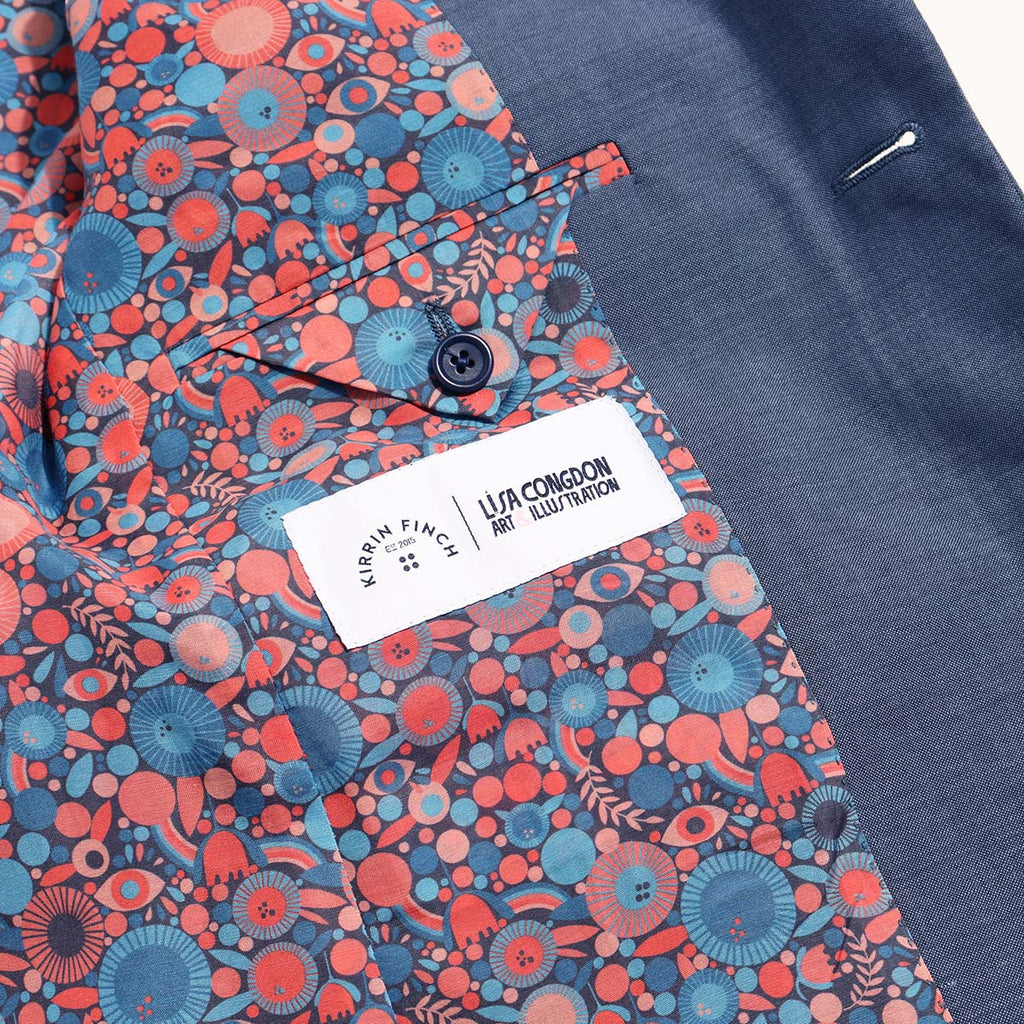 Playful lining of Kirrin Finch Slate Blue Suit, lining by Lisa Congdon as explained by tag