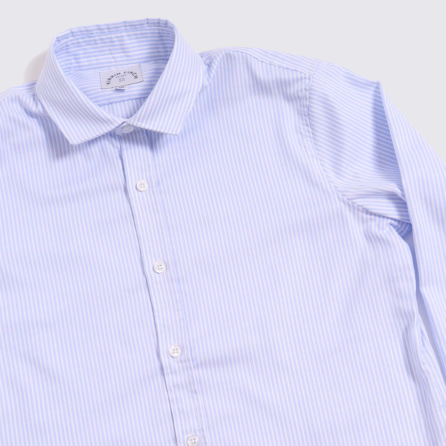 A light blue striped white dress shirt 3/4 shot on a neutral background