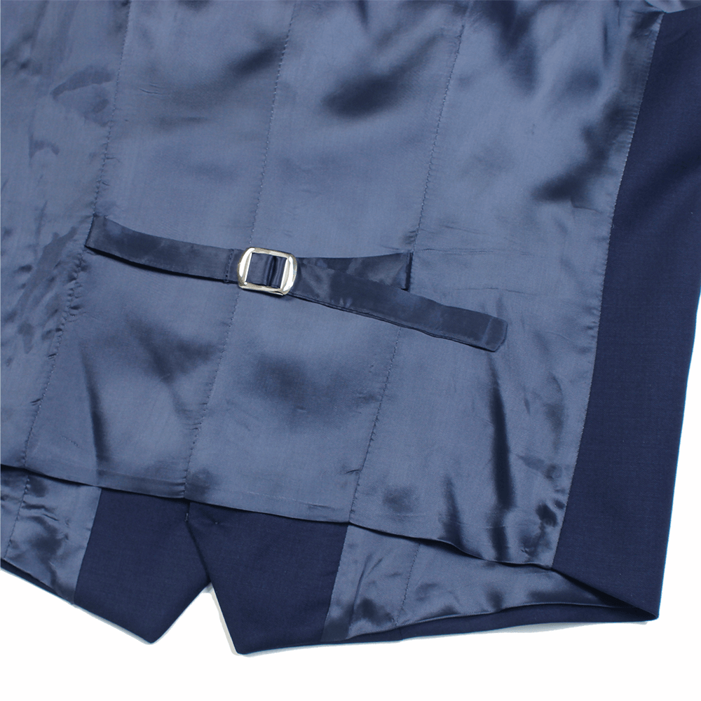 Back of Georgie Navy Blue Vest, featuring back clasp for dynamic sizing