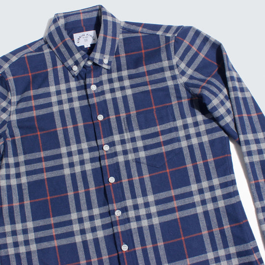 Navy plaid flannel by Kirrin Finch at a tilted angle