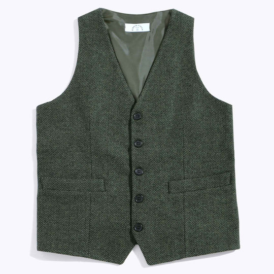 Olive tweed blazer with a herringbone pattern on a neutral background. 