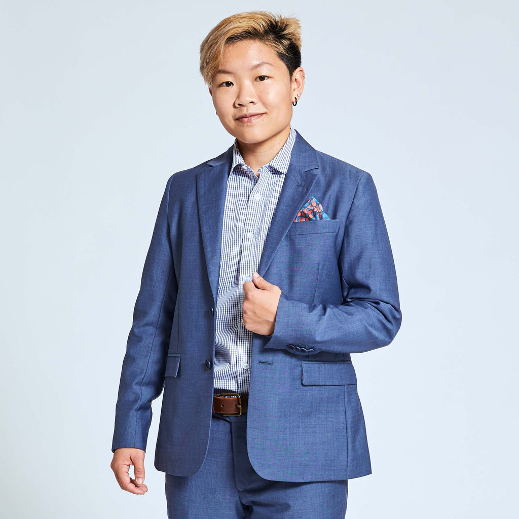 Person modeling androgynous Slate Blue Suit by Kirrin Finch
